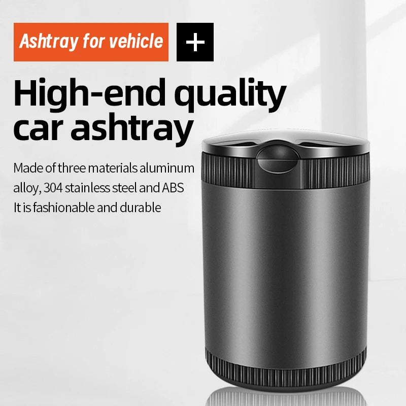 Metal Car Ashtray With Lid LED Light Portable Alloy Stainless Steel