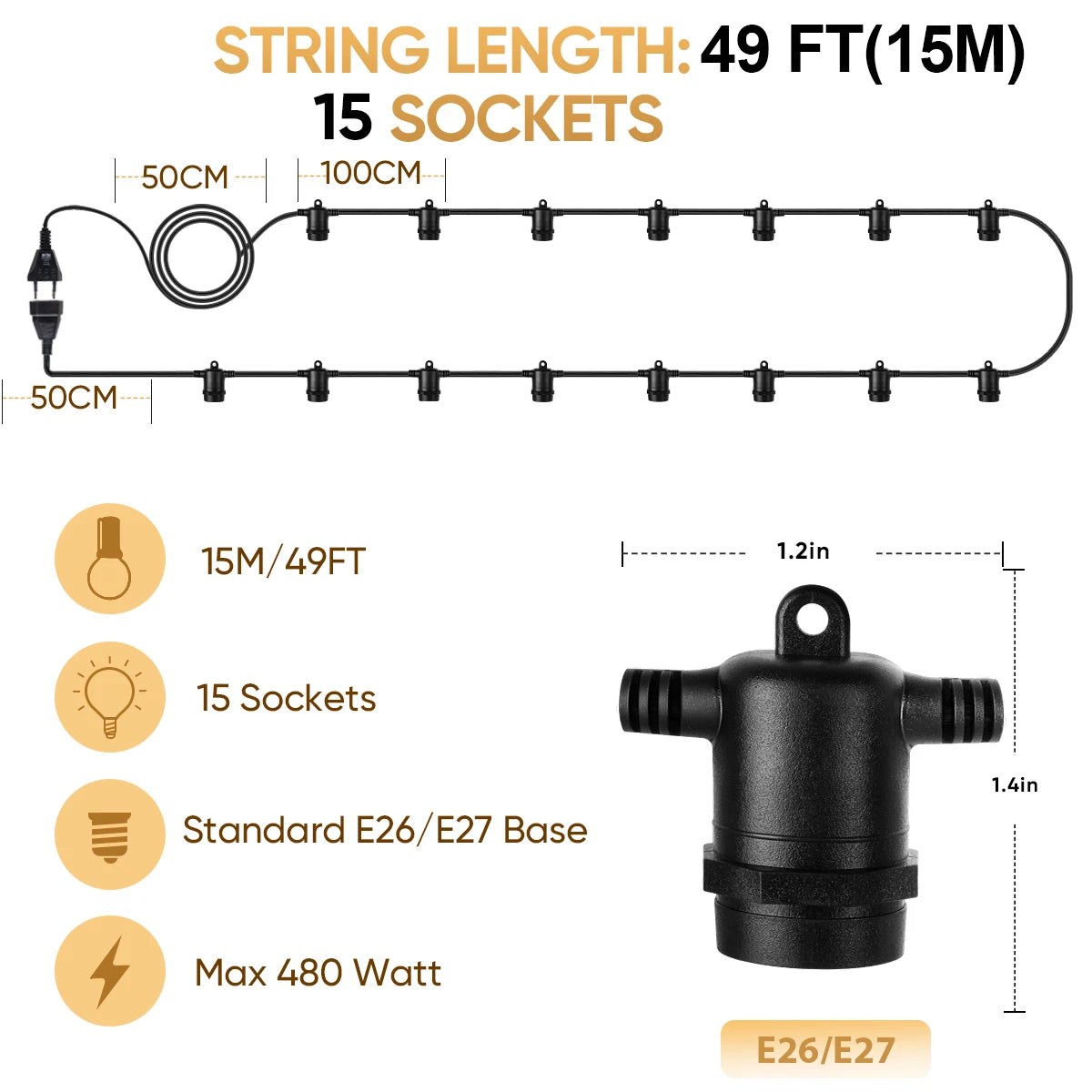 E27 Outdoor String Light Stringer E26 Light Socket Stringer
