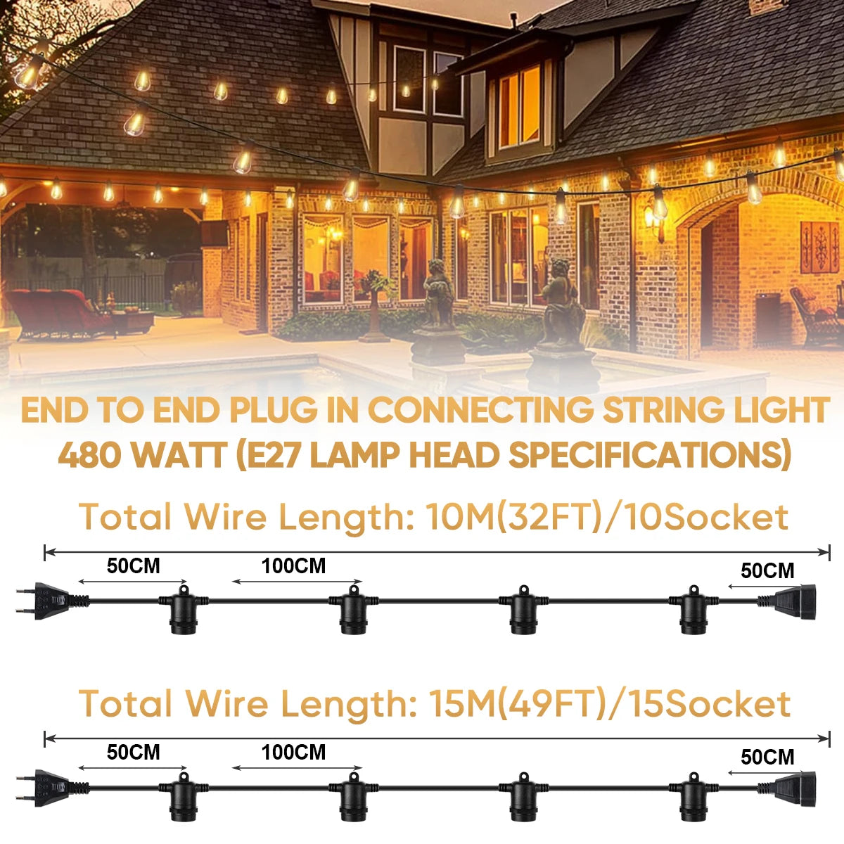 E27 Outdoor String Light Stringer E26 Light Socket Stringer