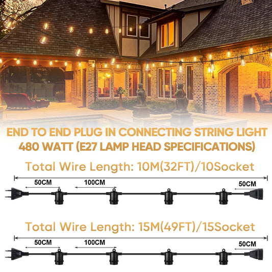 E27 Outdoor String Light Stringer E26 Light Socket Stringer