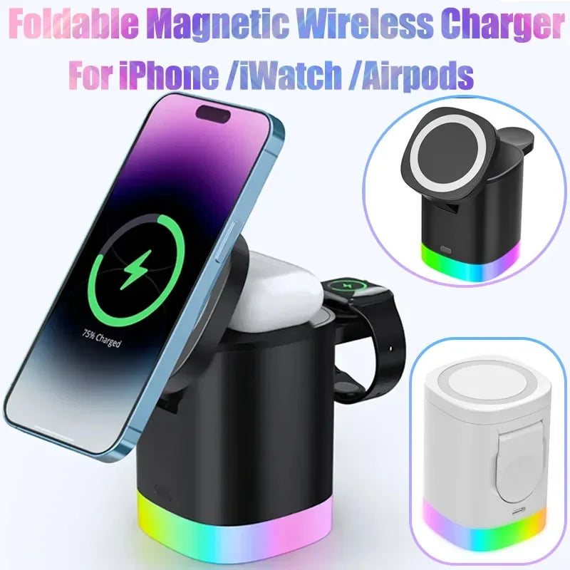 Portable 3 in 1 Magnetic Wireless Charger RGB Light Phone Stand