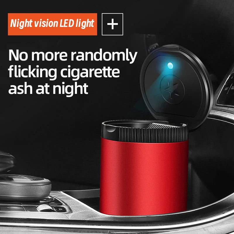 Metal Car Ashtray With Lid LED Light Portable Alloy Stainless Steel