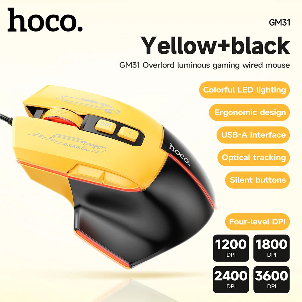 HOCO Luminous Gaming Wired Mouse Up to 3600DPI With 7 Buttons