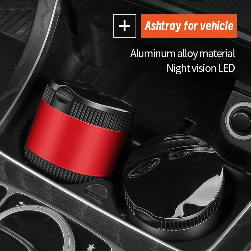Metal Car Ashtray With Lid LED Light Portable Alloy Stainless Steel