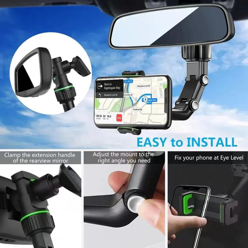 Earview Mirror Phone Holder, 360° Rotatable Retractable Car Phone Mount