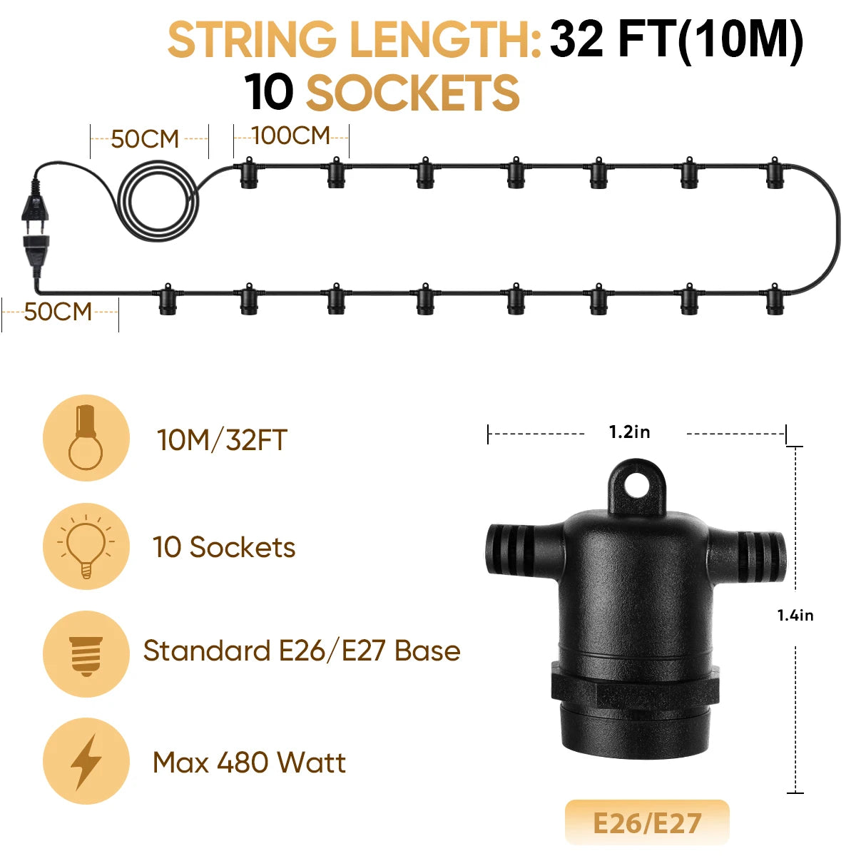 E27 Outdoor String Light Stringer E26 Light Socket Stringer