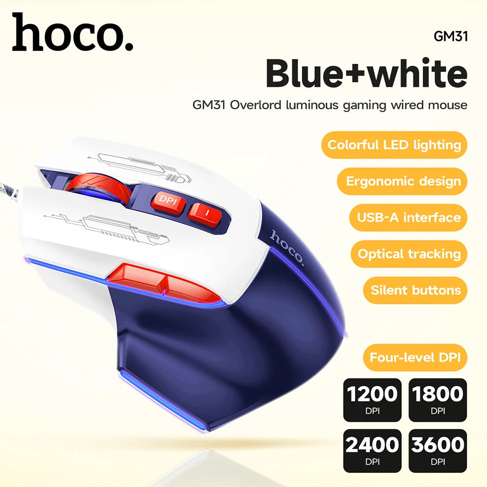 HOCO Luminous Gaming Wired Mouse Up to 3600DPI With 7 Buttons