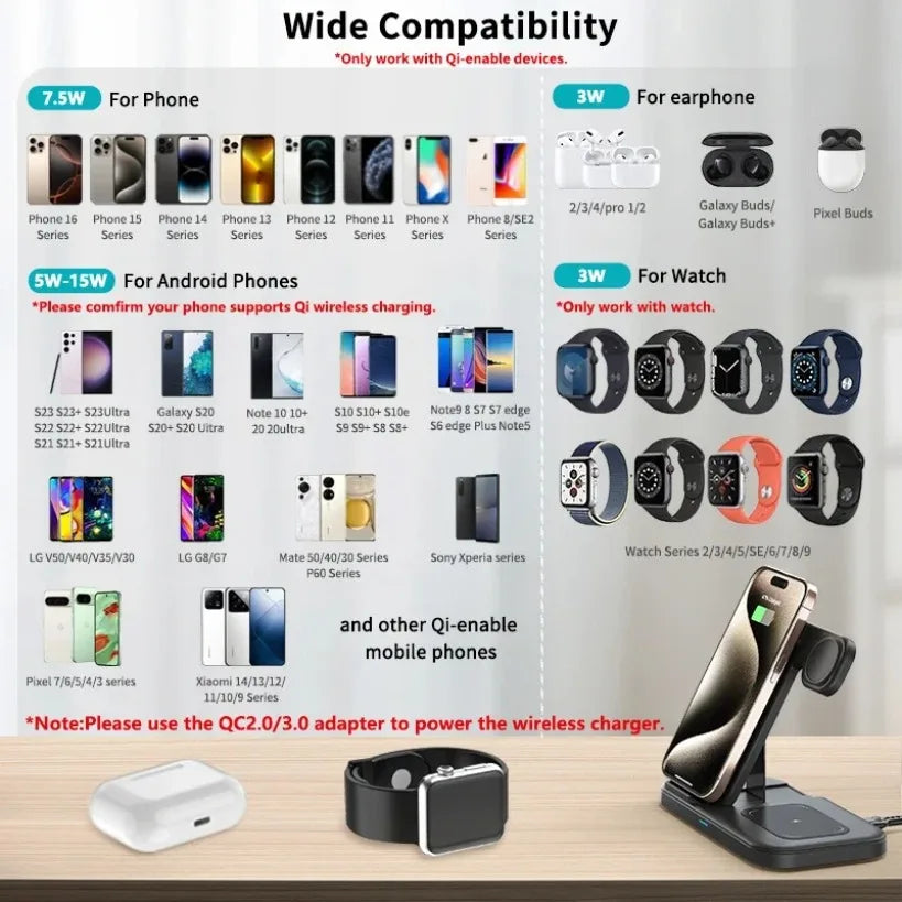 3 in 1 Wireless Charger Pad Stand Folding Fast Charging